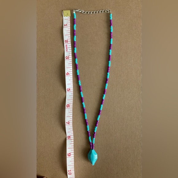 Purple/Turquoise Diamond Pendant Seed Bead Necklace 10in Long - Picture 2 of 2